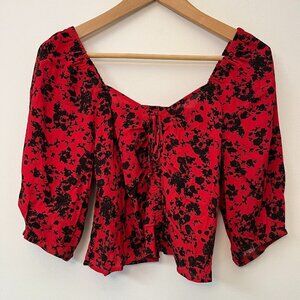Floral Off Shoulder Puff Sleeve Crop Bow Tie Front Shirt - Size Medium